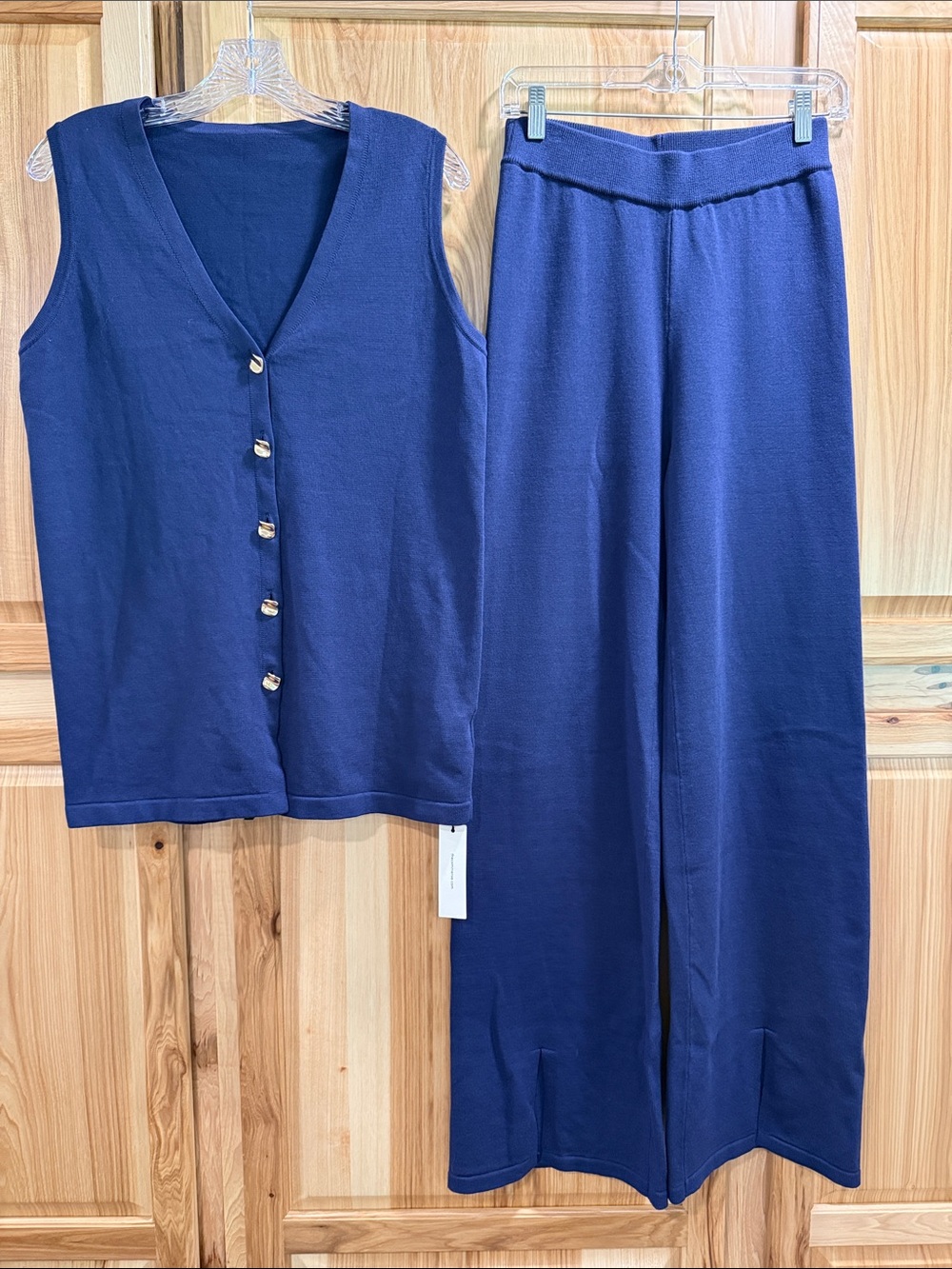 Commense Navy Knit Wide Leg Pants Set W/Vest Classy Minimalist Elevated Staple S - Picture 2 of 16